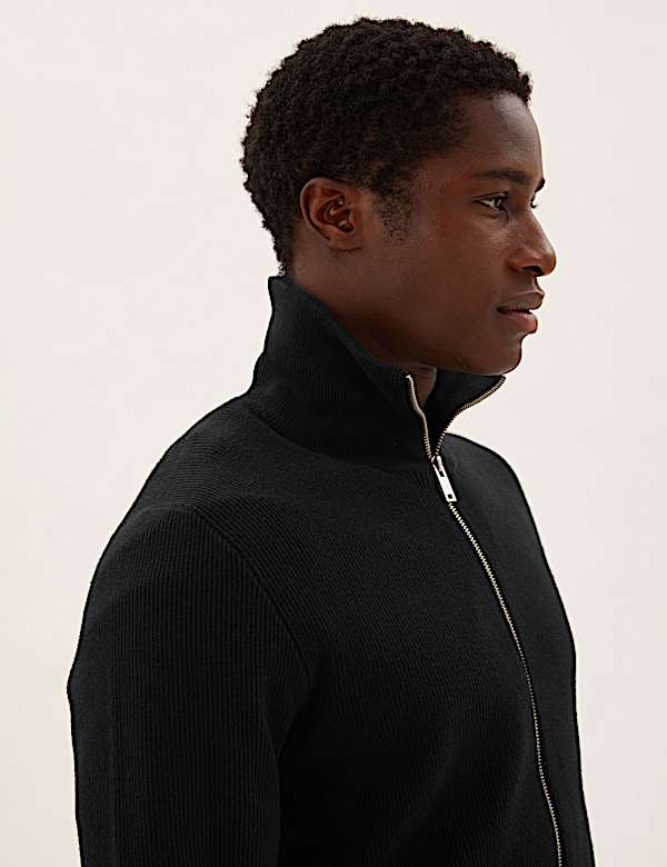 Cotton Rich Ribbed Funnel Neck Cardigan