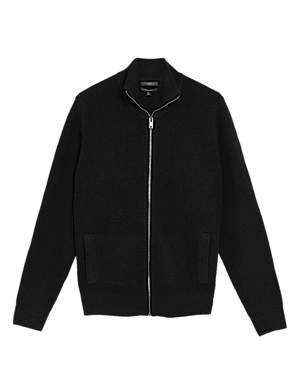 Cotton Rich Ribbed Funnel Neck Cardigan