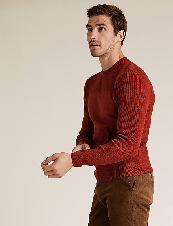 Cotton Textured Striped Crew Neck Jumper