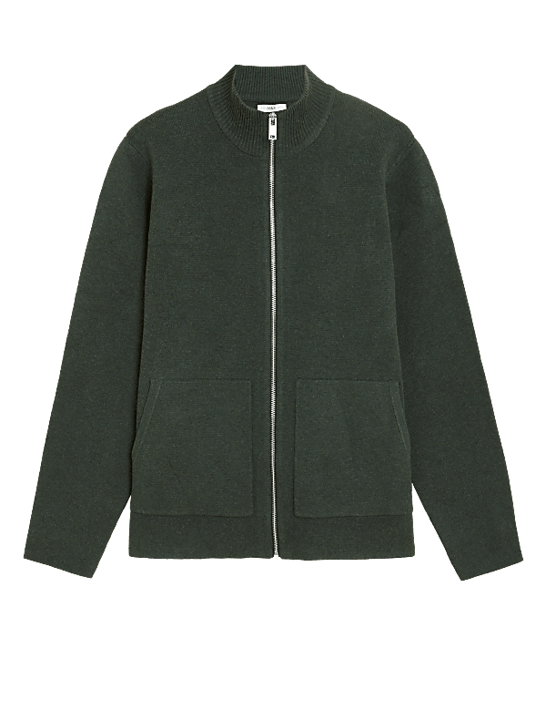 Cotton Blend Ribbed Zip Up Knitted Jacket