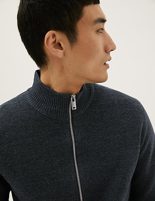 Cotton Blend Ribbed Zip Up Knitted Jacket