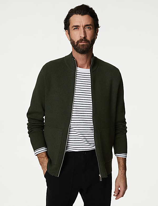 Cotton Blend Ribbed Zip Up Knitted Jacket