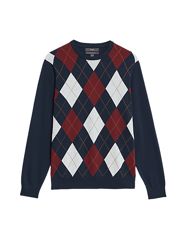 Pure Cotton Argyle Round Neck Jumper