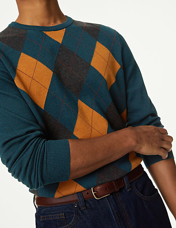 Pure Cotton Argyle Round Neck Jumper