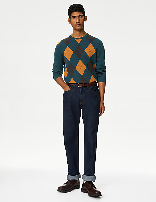 Pure Cotton Argyle Round Neck Jumper