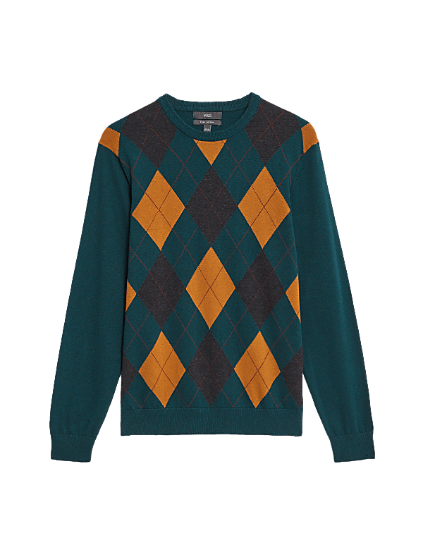 Pure Cotton Argyle Round Neck Jumper