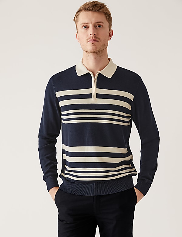 Cotton Modal Striped Knitted Polo Shirt