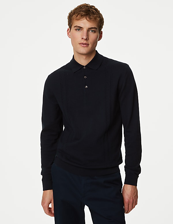 Cotton Rich Cable Knit Polo Shirt - US