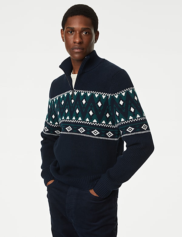 Cotton Blend Fair Isle Zip Up Jumper