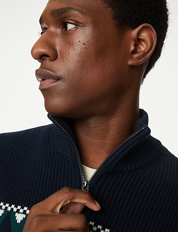 Cotton Blend Fair Isle Zip Up Jumper