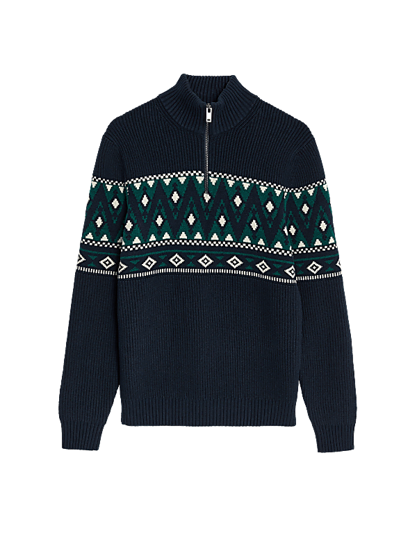 Cotton Blend Fair Isle Zip Up Jumper