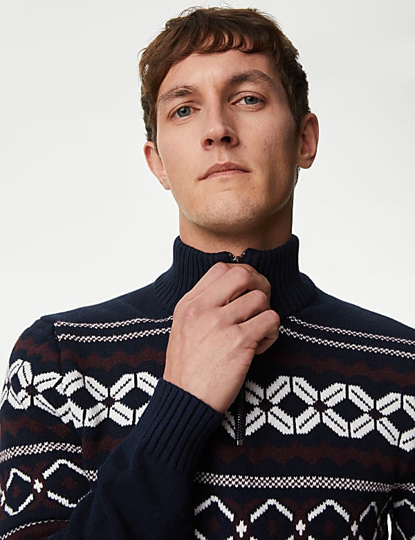 Cotton Blend Fair Isle Zip Up Jumper