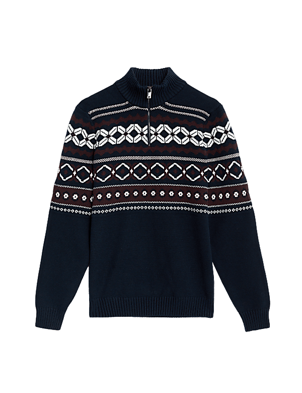 Cotton Blend Fair Isle Zip Up Jumper