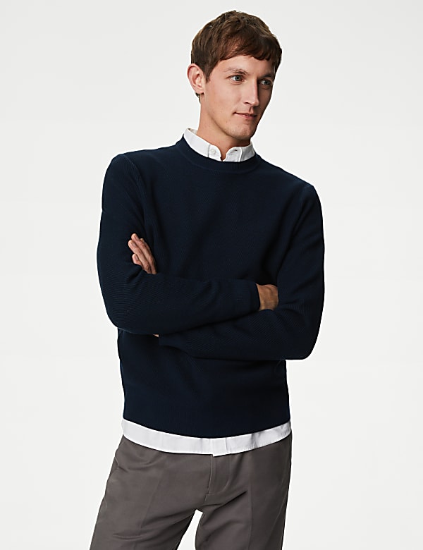 Cotton Blend Textured Crew Neck Jumper - US
