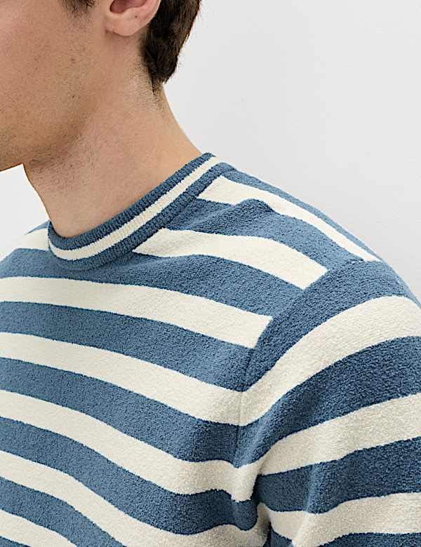 Pull en coton boucl&eacute; &agrave; col rond et rayures - LU