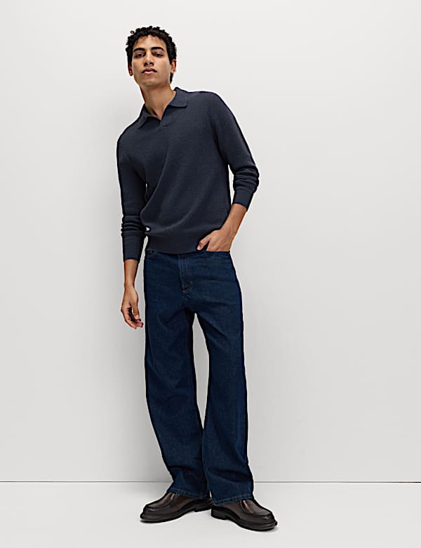 Cotton Rich Boucle Open Neck Knitted Polo Shirt | NAVY | Knitted