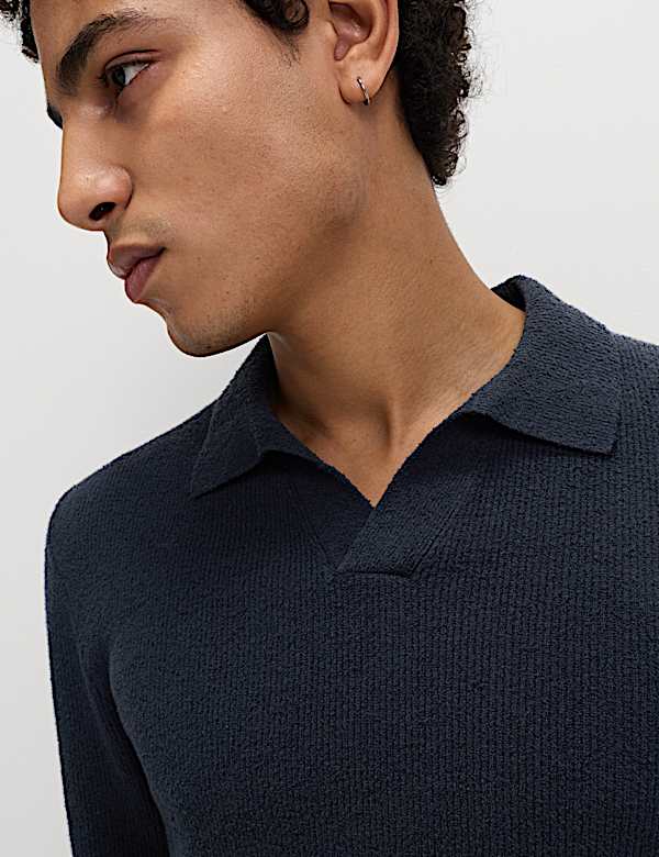 Cotton Rich Boucle Open Neck Knitted Polo Shirt - DK
