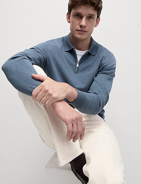 Cotton Rich Zip Up Knitted Polo Shirt - ID
