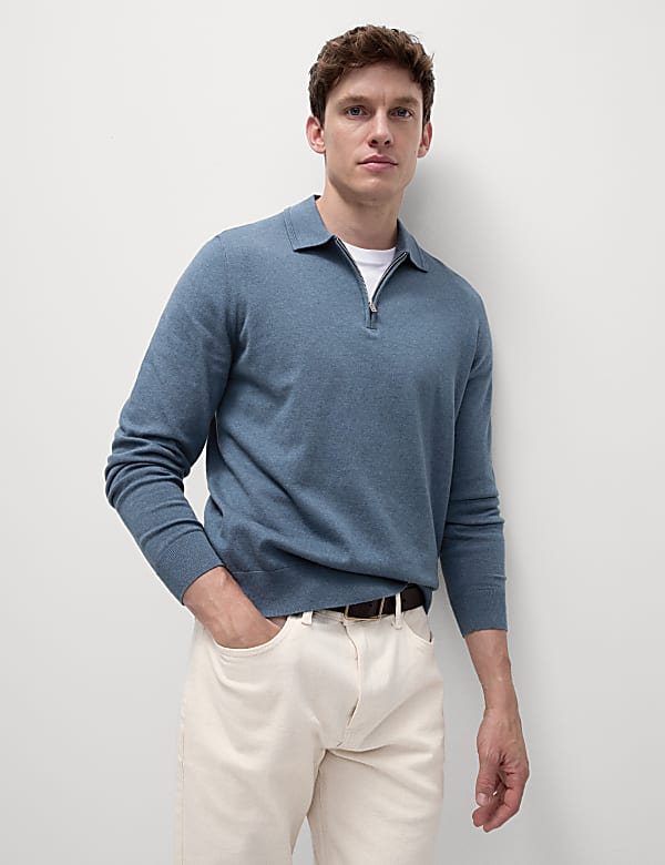 Cotton Rich Zip Up Knitted Polo Shirt