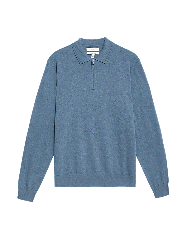 Cotton Rich Zip Up Knitted Polo Shirt