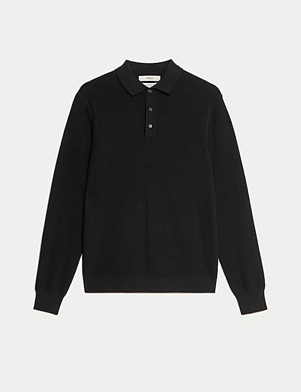 Cotton Rich Textured Knitted Polo Shirt BLACK Knitted Polo Shirts M S FR