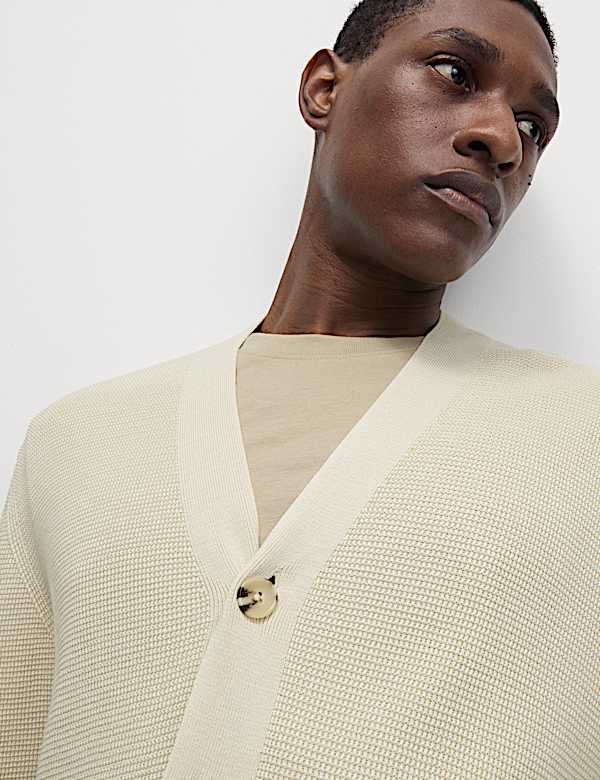 Cotton Modal Blend Textured V-Neck Cardigan - VN
