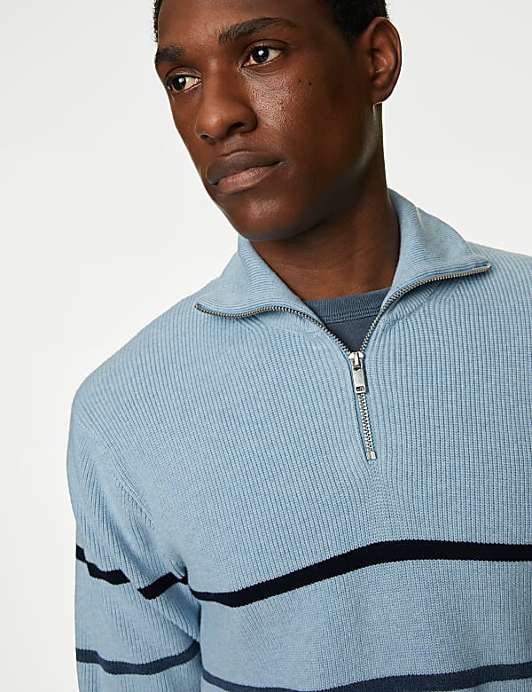 Cotton Blend Striped Half Zip Jumper
