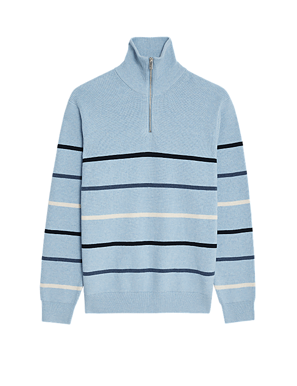 Cotton Blend Striped Half Zip Jumper