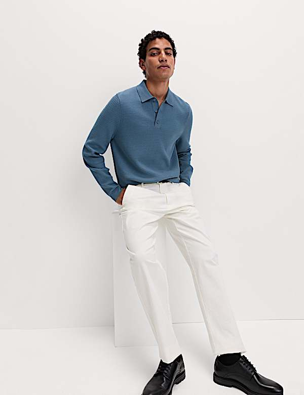 חולצת פולו סרוגה מבד עשיר בכותנה בטקסטורה - IL