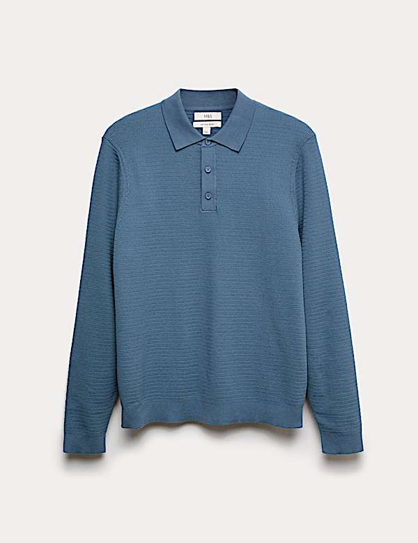 חולצת פולו סרוגה מבד עשיר בכותנה בטקסטורה - IL