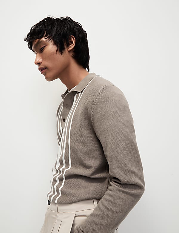 Pure Cotton Striped Knitted Polo Shirt