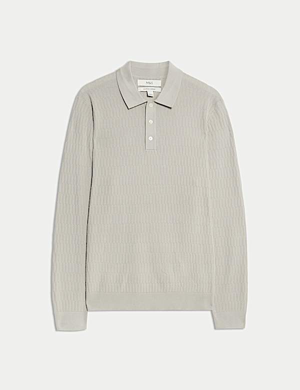 Gebreide polo van katoen en modal met geometrisch motief - NL