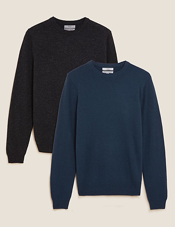 2pk Pure Lambswool Crew Neck Jumpers NAVY MIX Jumpers M S BE