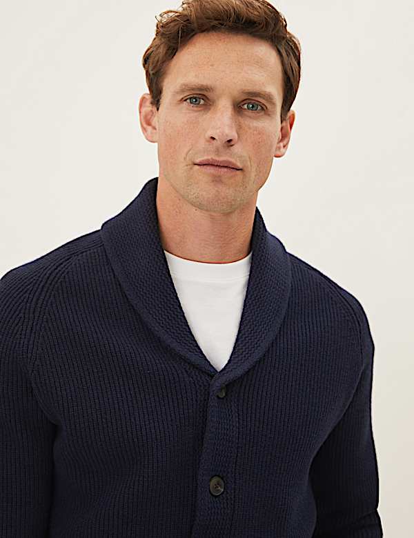 Cotton Blend Ribbed Shawl Collar Cardigan