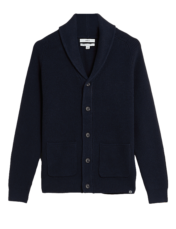 Cotton Blend Ribbed Shawl Collar Cardigan