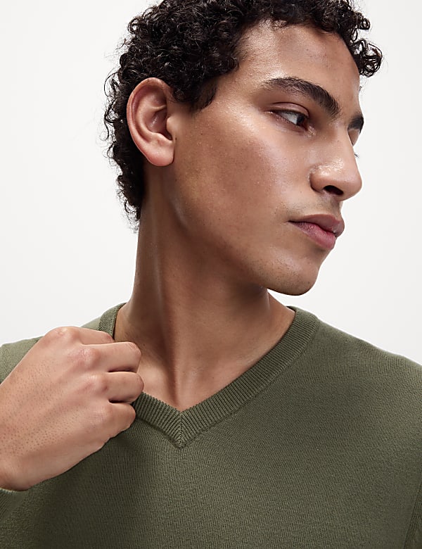 Pure Cotton V-Neck Knitted Jumper - US