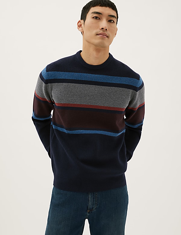 Cotton Blend Striped Crew Neck Jumper
