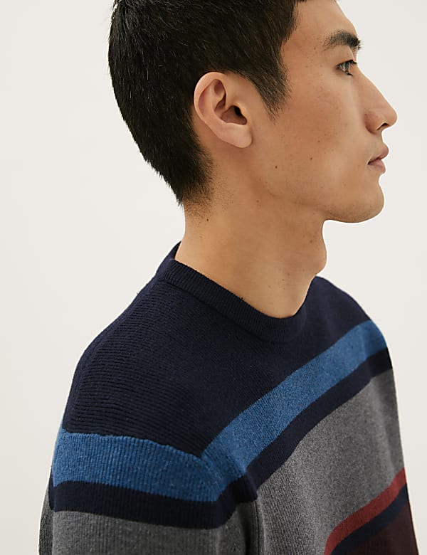 Cotton Blend Striped Crew Neck Jumper
