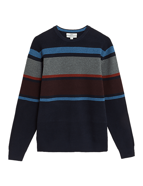 Cotton Blend Striped Crew Neck Jumper