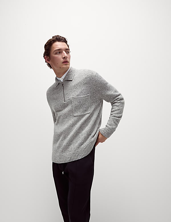 Relaxed Fit Wool Rich Half Zip Knitted Polo Shirt - ID