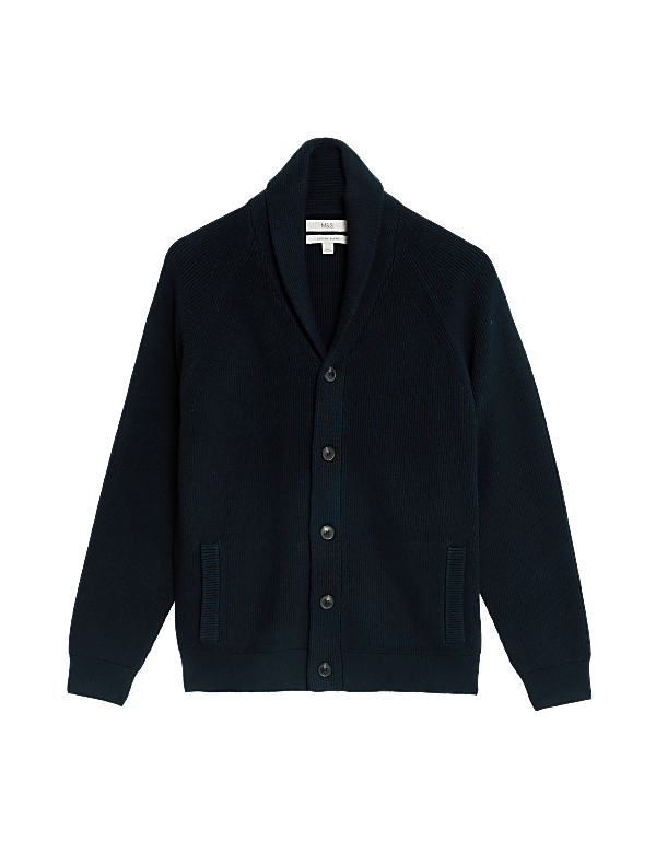 Cotton Blend Ribbed Shawl Collar Cardigan