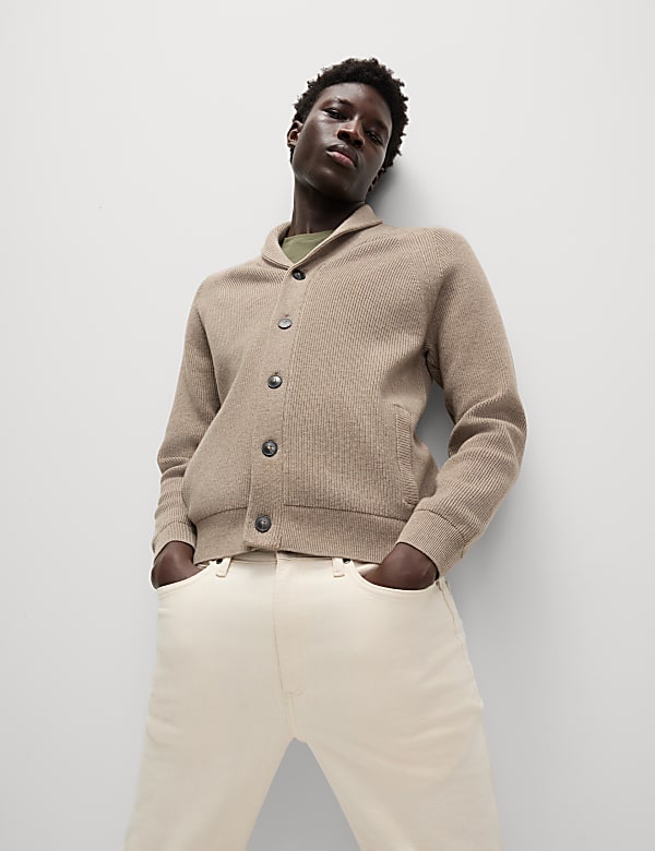 Cárdigan de canalé de mezcla de algodón con cuello de chal - ES
