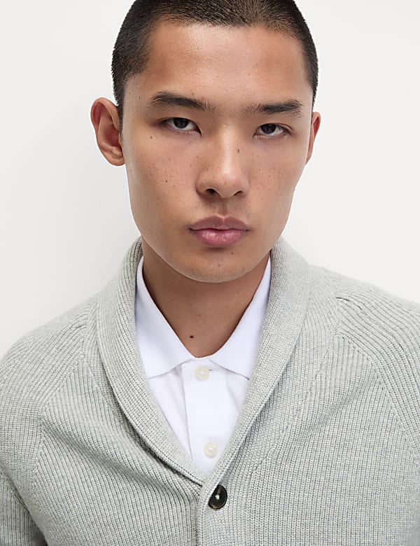 Cotton Blend Ribbed Shawl Collar Cardigan - AL