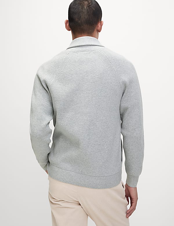 Cotton Blend Ribbed Shawl Collar Cardigan - AL