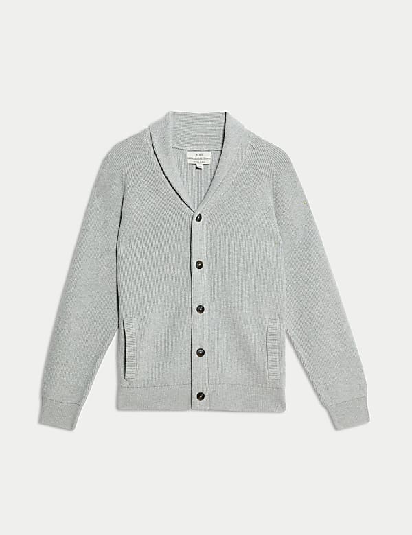 Cotton Blend Ribbed Shawl Collar Cardigan - AL