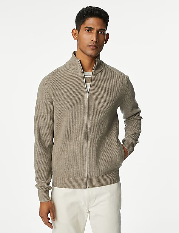 Cotton Blend Funnel Neck Zip Up Jumper