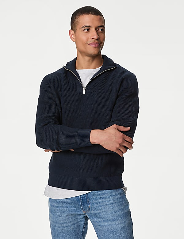 Cotton Blend Ribbed Funnel Neck Jumper