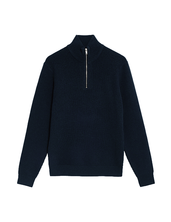 Cotton Blend Ribbed Funnel Neck Jumper