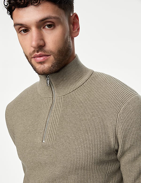 Cotton Blend Ribbed Funnel Neck Jumper