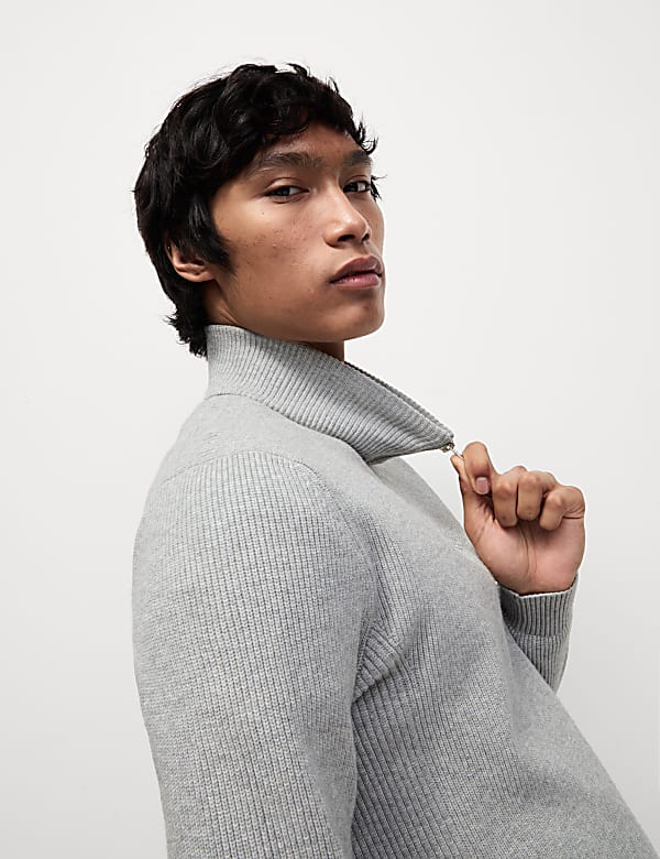Cotton Blend Ribbed Funnel Neck Jumper